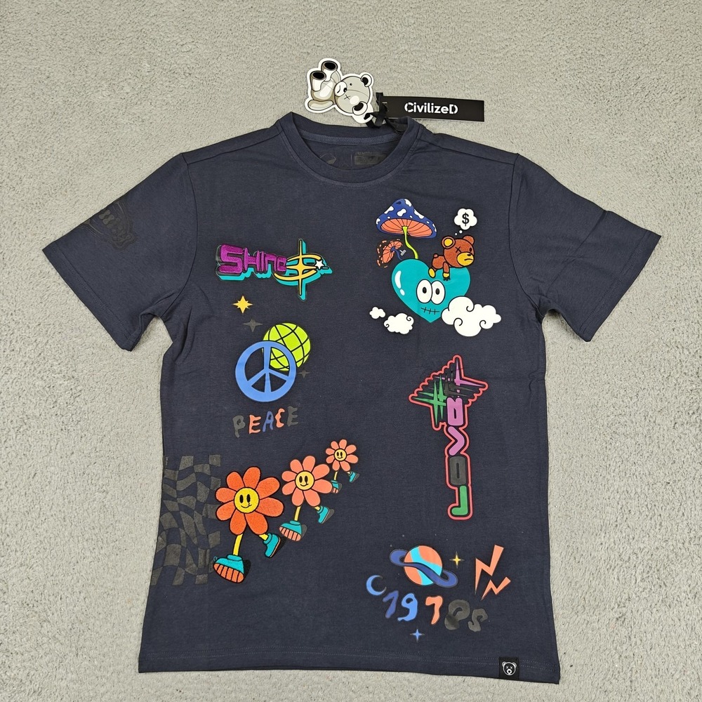 CivilizeD Shirt Mens Small Gray 70s Love Peace Hippie‎ Graphic Tee Embroidered